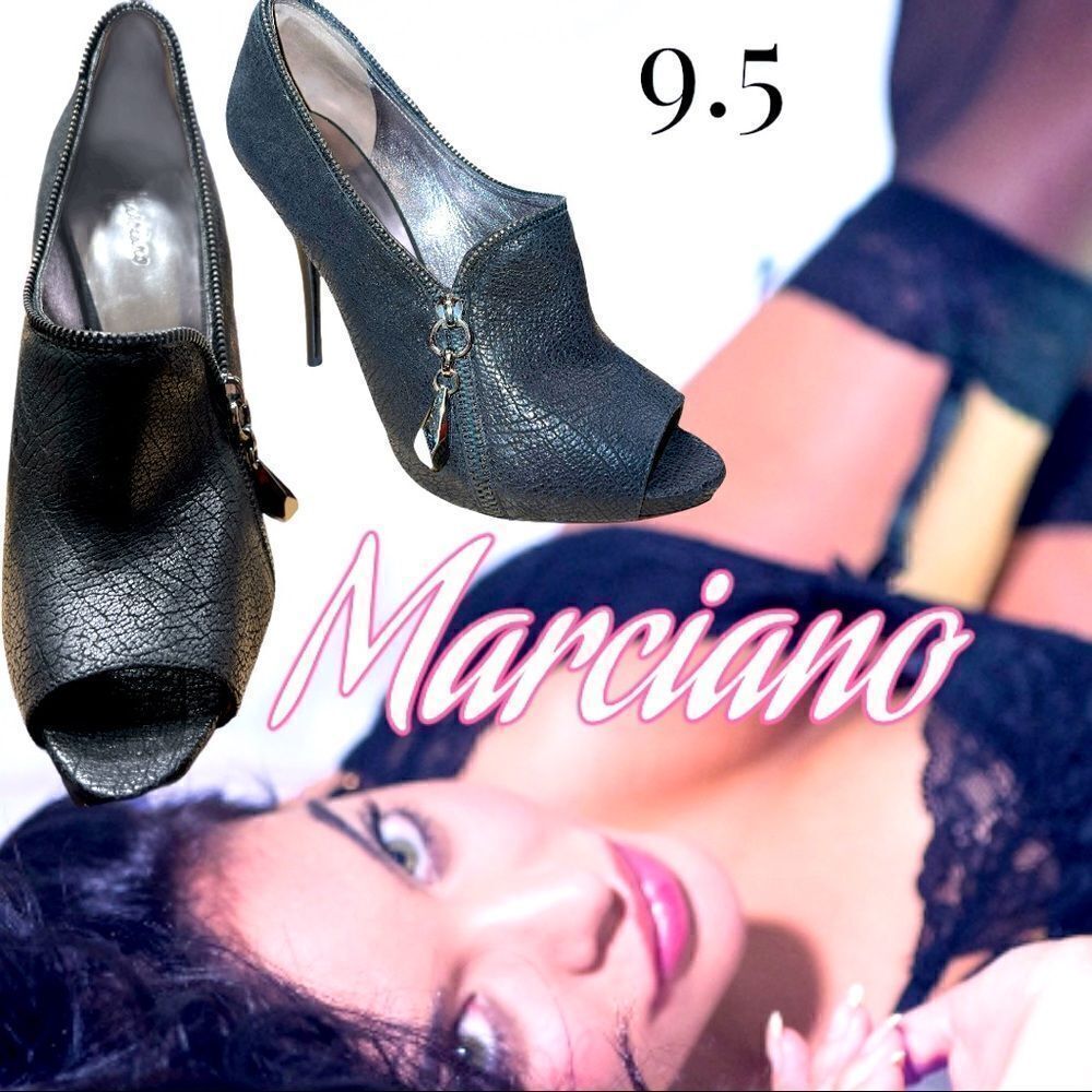 Marciano leather Soles Open Toe- Faux Zipper Stilettos sz 9.5 Black